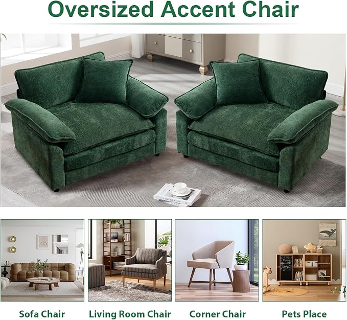 Green Modern Oversized Chair, Comfy Chenille Accent Chair Large Upholstered Armchair with Extra Thick and Deep Seat Lounge Chair for Living Room,Bedroom,Apartment