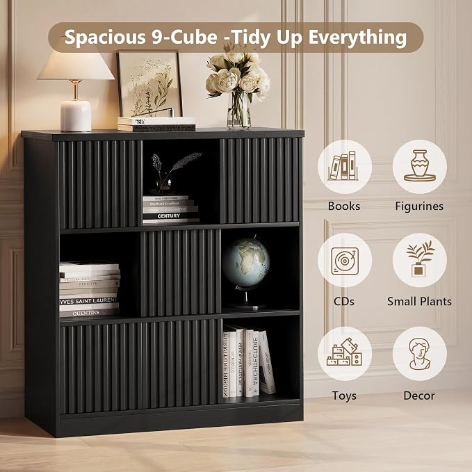 Einhomn Cube Storage Organizer with Sliding Doors, Wooden Bookshelf Storage Cabinet, 9 Cube Bookcase Organizer for Living Room Bedroom Office, Black
