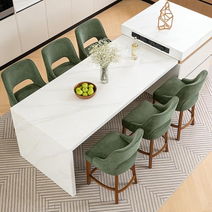 ClinQ Bar Stools Set of 4, 26" H Counter Height Bar Stools with Backs, Modern Upholstered Accent Barstools with Curved Footrest for Kitchen Island, Dining Room and Bar, Green-Walnut Legs