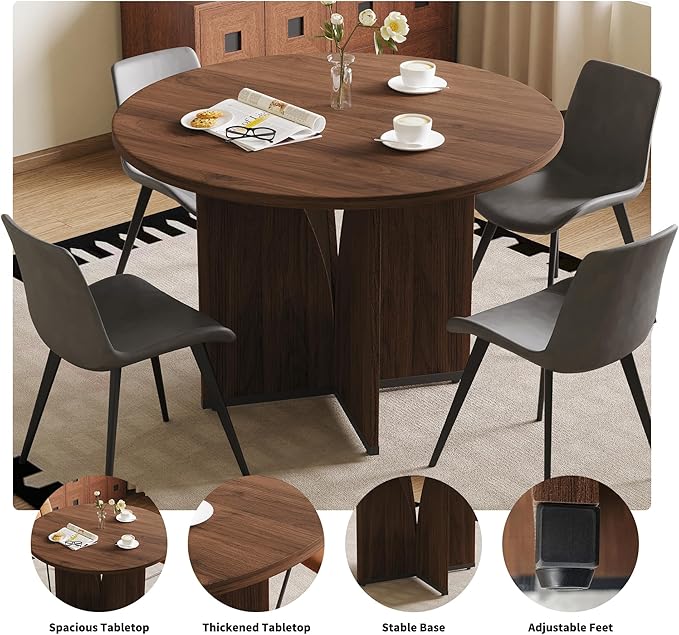 HIPIHOM Modern Round Dining Table Set for 4, 39.4" Walnut Kitchen Table with 4 PU Leather Chairs, 5-Piece Mid-Century Dining Room Set for Small Spaces, Pedestal Base