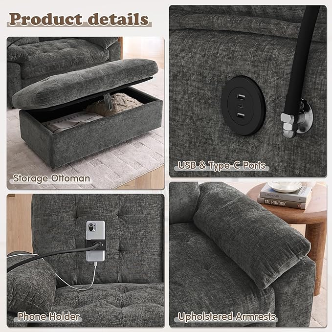 Oversized Chaise Lounge Chair Indoor with Ottoman&Adjustable Backrest,Chenille Tufted Recliner Comfy Loveseat Sofa Chair with USB&Phone Holder,Convertible Sleeper Couch Bed for Living Room(56"W,Grey)