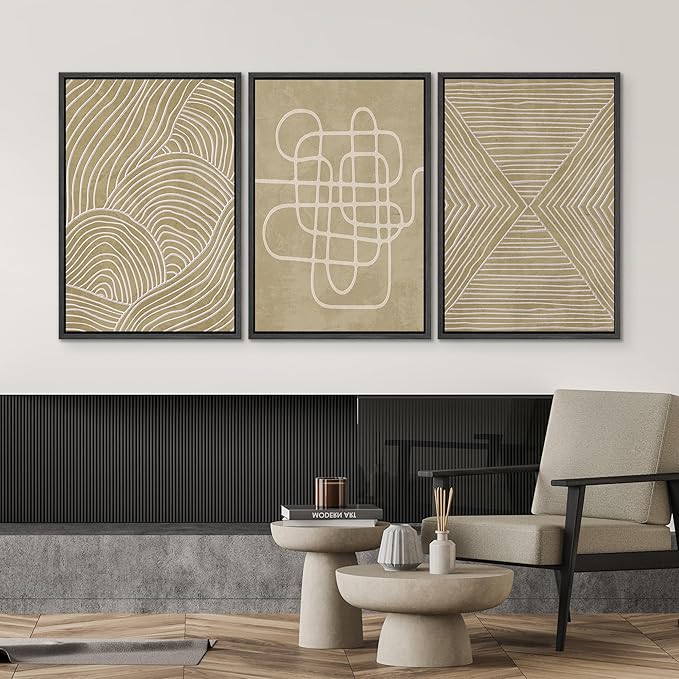 SIGNWIN Framed Canvas Print Wall Art Set Geometric Tan Line Art Collage Graffiti & Street Abstract Illustrations Modern Art Decorative Nordic for Living Room, Bedroom, Office - 24"x36"x3 Black