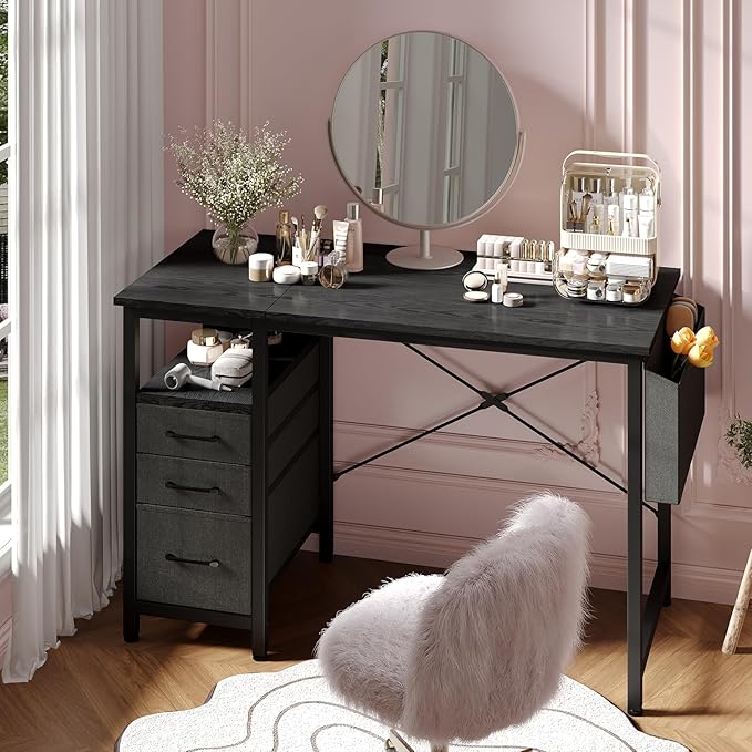 DUMOS 39" Computer Desk with Storage, Small Home Office Desk with 3 Fabric Drawers & Side Pocket, Space Saving Writing Desk for Apartment, Dorm, Gaming Workstation, Black