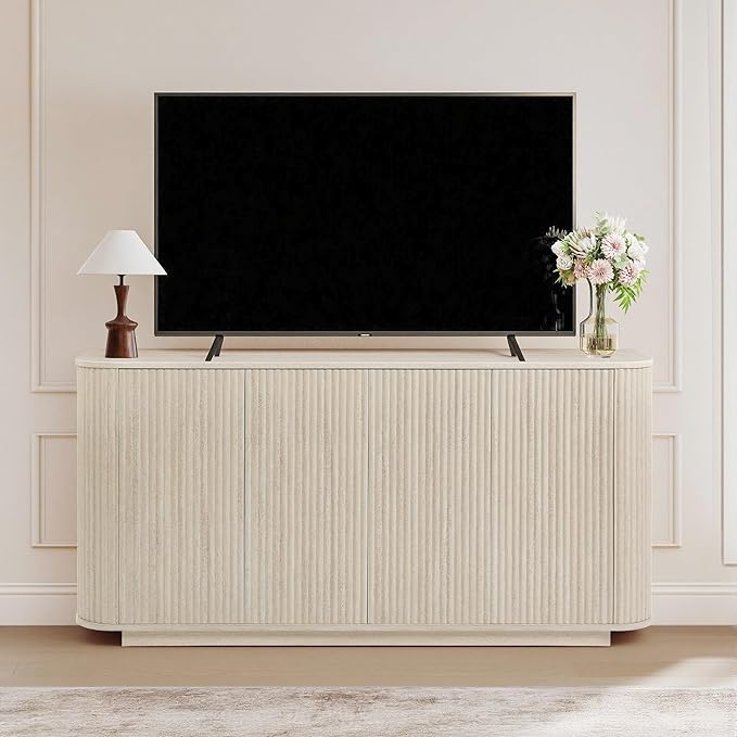 LKTART 64" Buffet Cabinet with Storage, Modern Fluted Accent Sideboard Media Console Credenza with Adjustable Shelves Pressed Spring for Kitchen Living Room,31.5" H (Rock Grey)