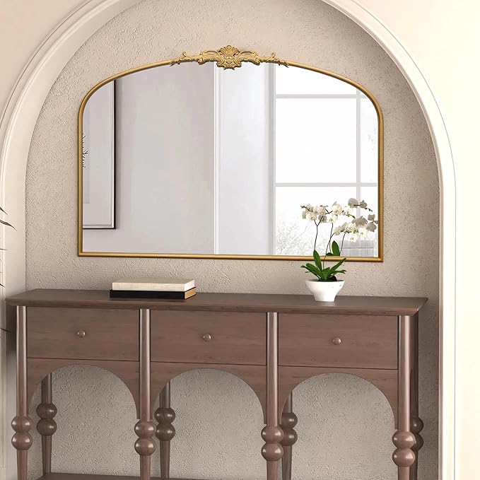 Besdomus Ornate Arched Large Mirror: 48"x33" Oversize Gleaming Gold Vintage Wall Mounted Mirror - Baroque Traditional Antique for Fireplace/Bathroom/Living Room - Home Decor for Homemakers