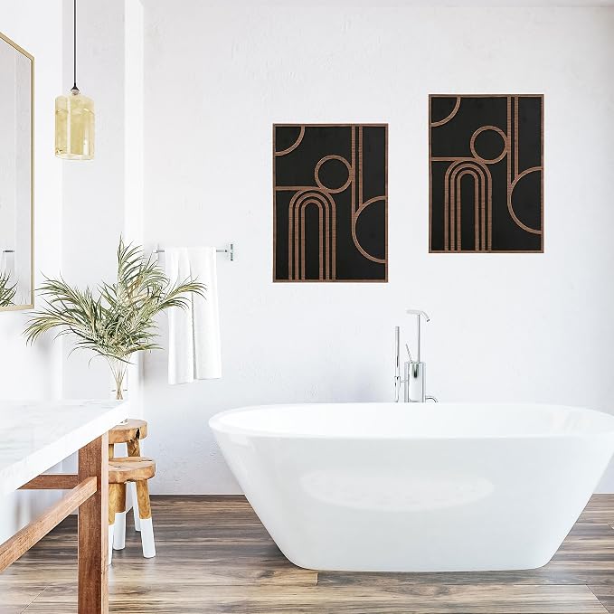 Modernist Home Art Deco Wall Sculptures, Set of 2, Carved Wood Panels, Black and Brown Wood Tones, MDF, Geometric Arches Design, 13.75 x 19.25 Inches