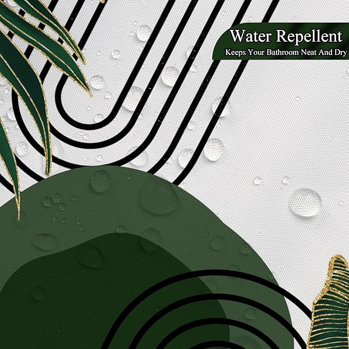 Mid Century Green Shower Curtain for Bathroom Boho Modern Abstract Plant Tropical Leaves Bathroom Curtain Set Geometric Arch Minimalist Waterproof Fabric Bath Decor 72x78 inch