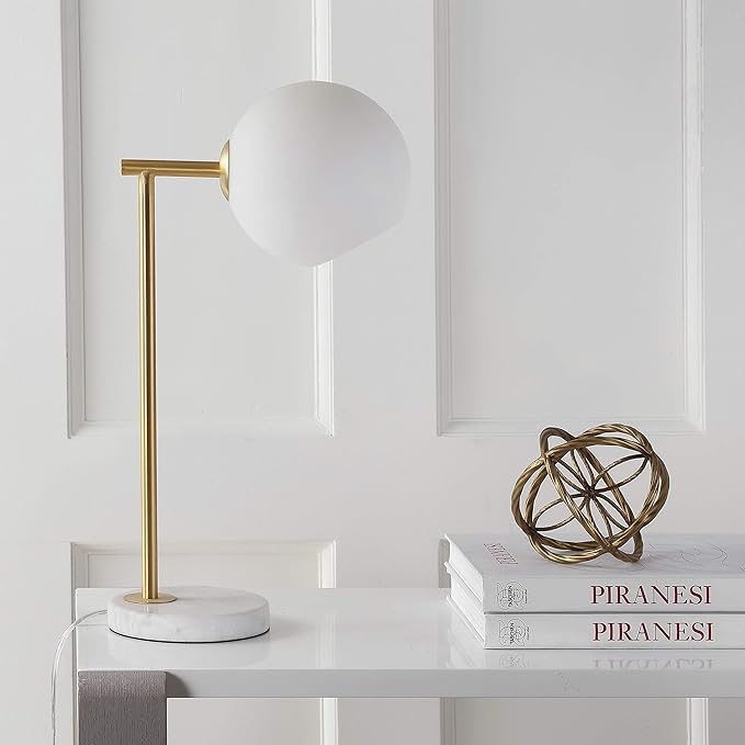 JONATHAN Y JYL1000A 20.5" Modern Gold Table Lamp with White Marble Base and Frosted Glass Globe, Contemporary Bedside Nightstand Lamp for Bedroom, Living Room, Office, LED Bulb Included