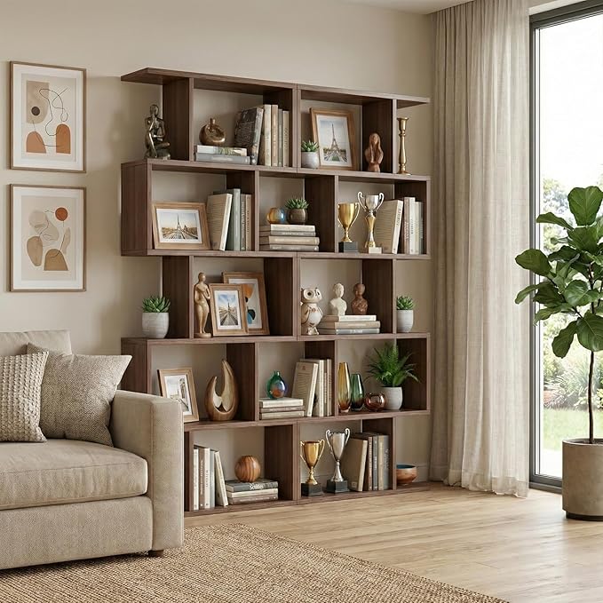 5-Tier Geometric Bookcase (Set of 2), 62.6" Tall S-Shaped Bookshelf & Room Divider, Modern Brown Freestanding Display Shelving Unit for Living Room, Hallway, Home Office
