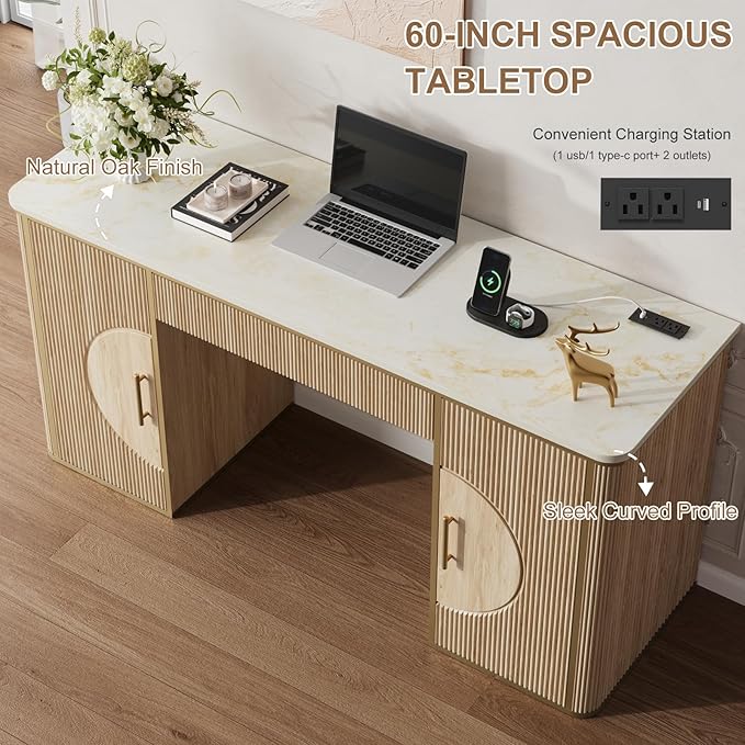 60" Fluted Writing Desk, Wooden Long Home Office Computer Desk with Drawer & Storage Cabinet, Modern Writing Table with Charging Station, High Executive Desk, Bedroom, Nature Oak, Set of 2