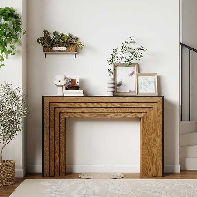 Wood Console Table, 47" Retro Long Sofa Table Behind Couch with Split-Level Design, Wooden Narrow Sofa Table Hall Table for Living Room Foyer Entrance Entryway, Black+Natural