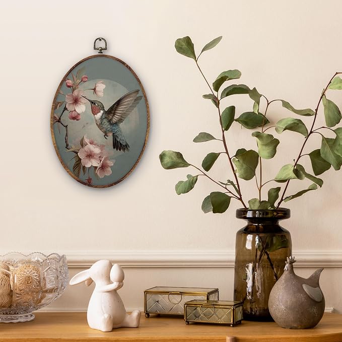DILSJ Vintage Floral Bird Oval Wall Art Decor, Rustic Cottage Core Decor Canvas Wall Art Framed, Antique Hummingbird Bird Lover Gifts Hanging Decorations for Home Bedroom Living Room, 8x11 Inch