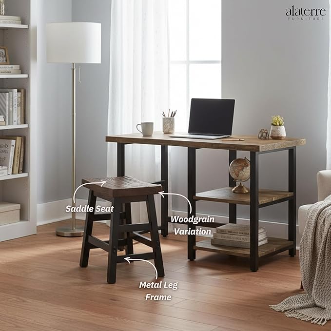 Alaterre Furniture Pomona Rustic Industrial Barstool – 20” Backless Counter Stool with Solid Pine Wood Seat and Black Metal Legs – Farmhouse Seating for Dining Room, Kitchen, or Office (Natural/Black)