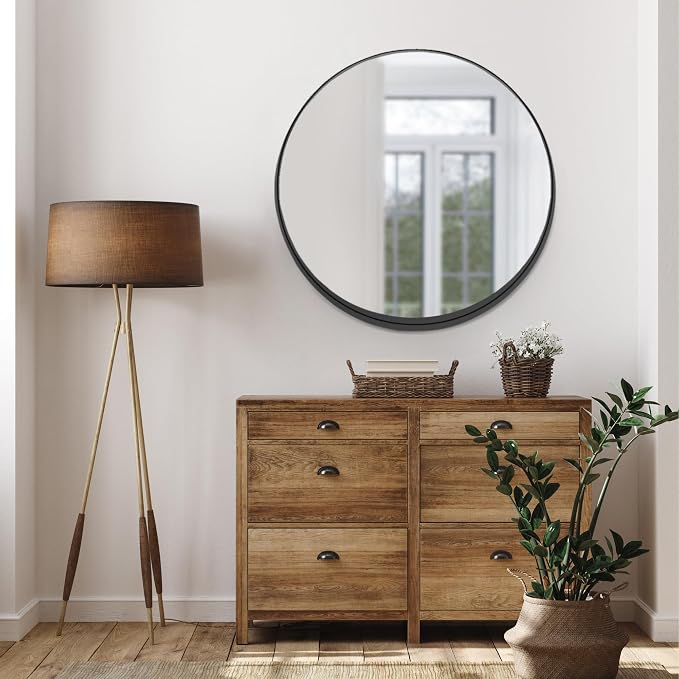 Design House 36-Inch Violette Wall Mirror – Round Mirror with Black Iron Metal Frame – Midcentury Modern Design for Entryway, Vanity, Living Room, Bathroom, 589887