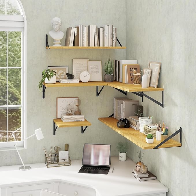 Deep Floating Shelves Wall Mounted, 12"x12" Oak Wall Shelves with Brackets Set of 2 for Bedroom, Living Room, Bathroom, Kitchen, Office - Storage & Display Shelf for Decor, Books, Plants