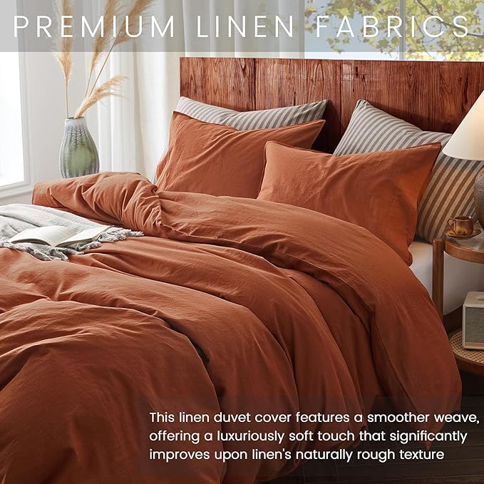 2Pcs Organic Linen Duvet Cover Twin Size, 100% French Linen from Normandy, Soft & Durable Terracotta Bedding Set Comforter Cover with 1 Pillowcases, 1 Duvet Cover with Zipper