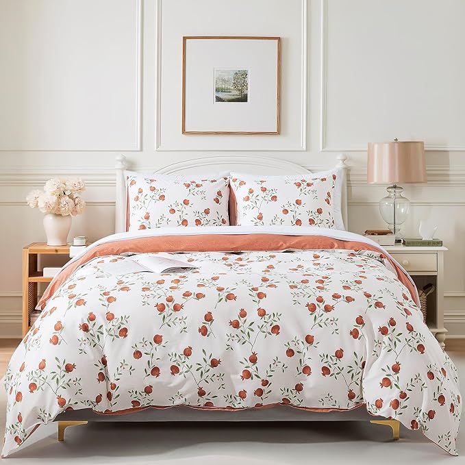 HoneiLife Fruits Duvet Cover King - 100% Cotton Comforter Cover 3-PC, Botanical Bedlinen Set with Zipper Closure & Corner Ties, Pomegranate Comforter Cover Sets