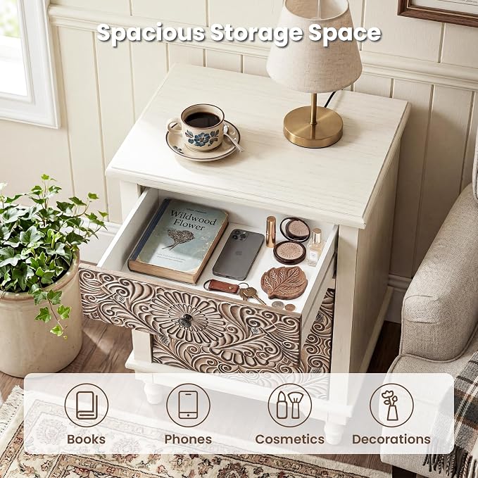 HOMPUS White Nightstand with Drawer & Storage, Fully-Assembled Flower Motif Night Stand for Small Spaces, 2 Drawer End Table with Storage for Living Room, Bedroom, Distress White