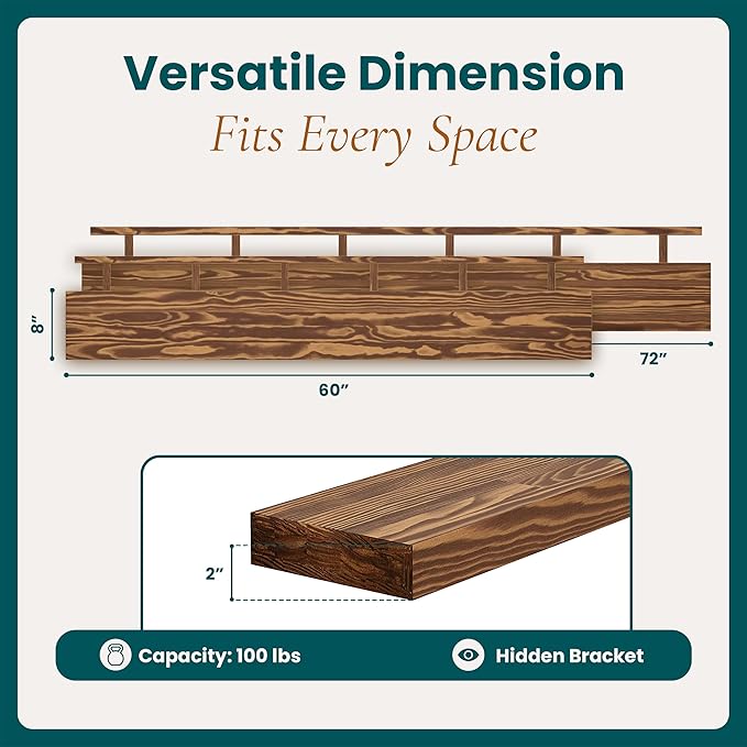 Howizz 60'' Pine Wood Floating Shelf for Wall, Rustic Wall Mounted Wooden Shelf with Invisible Brackets, Fireplace Mantel Shelf for Living Room, Bedroom, Bathroom & Home Decor, Light Walnut, 1 Pcs