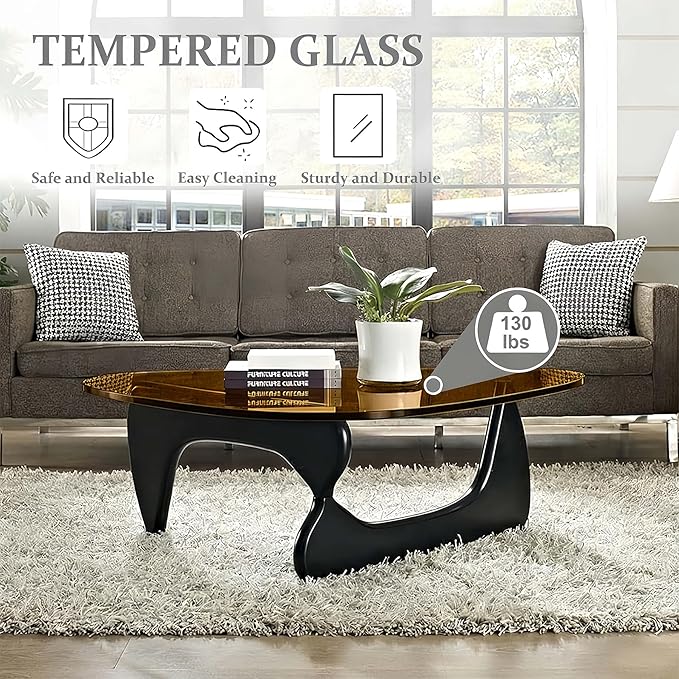 Coffee Tables for Living Room, Small Oval Center Table with Triangle Tempered Glass Top, Solid Legs, Tea Table for Office Small Space