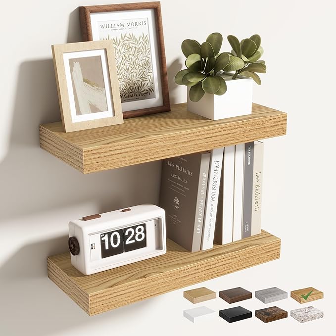 16 Inch Floating Shelves for Wall 2 Pack, 16" Wall Shelves for Books, Storage, Decor, Wall Mounted Floating Shelf with Invisible Brackets for Kitchen, Living Room, Light Brown