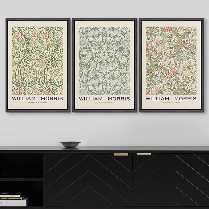 wall26 Framed Canvas Print Wall Art Set William Morris Flower Pattern Tapestries Nature Floral Illustrations Fine Art Decorative Botanical Rustic for Living Room, Bedroom, Office - 16"x24"x3 Black
