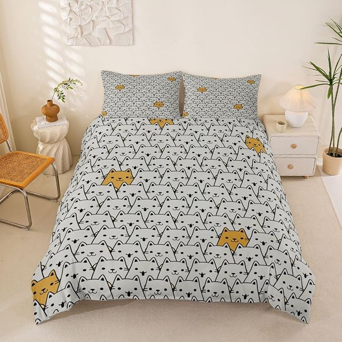 Erosebridal Abstract Cats Toddler Comforter Cover Cute Pet Kitten Animals Bedding Set Trendy Minimalist Cat Duvet Cover for Kids Girls Boys Adults Gray Yellow Color Block Bed Set