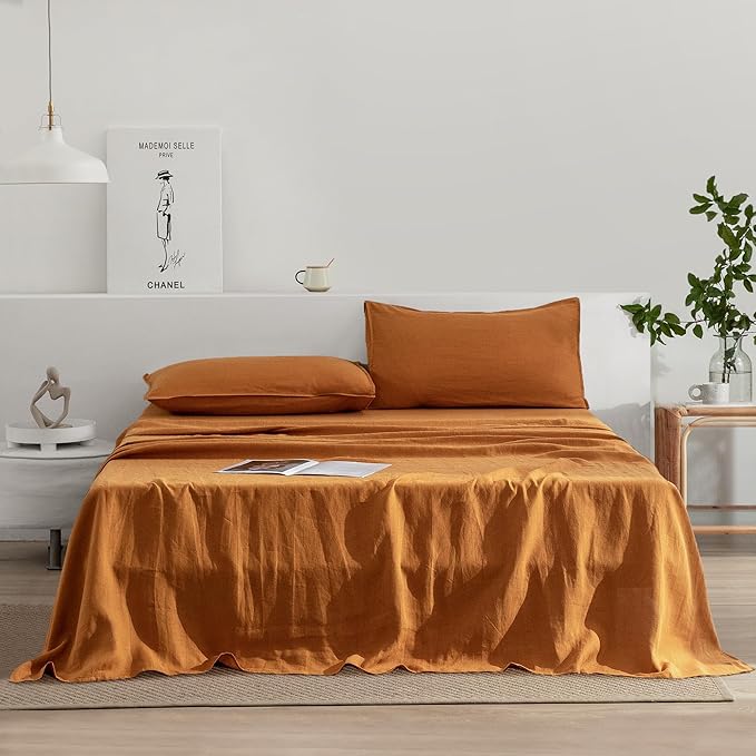 EVERLY Linen Sheets Set King Size,100% French Stonewash Pure Linen Sheets Set,4Pieces (1Flat Sheet,1Fitted Sheet,2Pillowcase) Suitable for Hot Sleepers,Deep Pocket Natural Bedding Set-Caramel