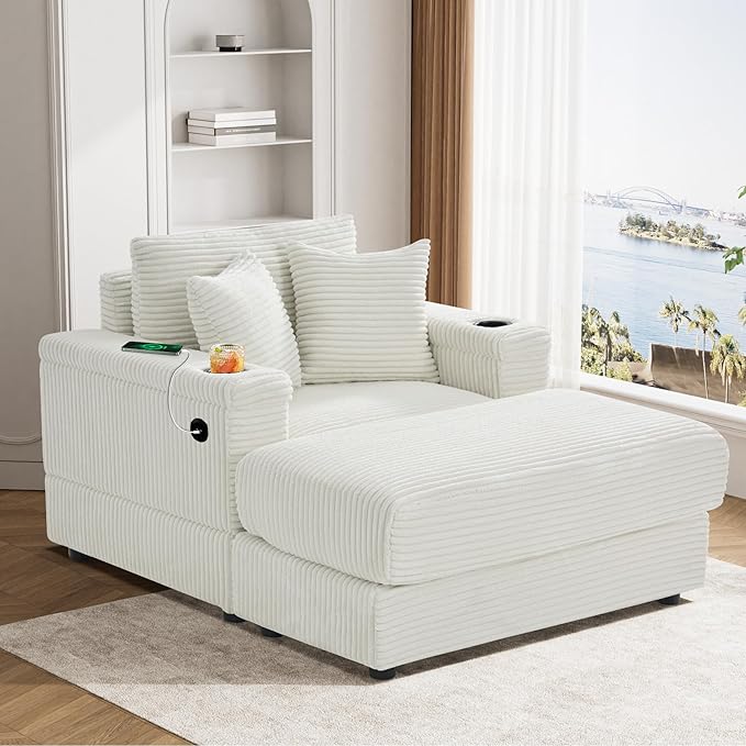 Oversized Chaise Lounge Chair Indoor with USB, Cup Holder & Ottoman, Firm Solid Wood Frame with Long Service Life Corduroy Oversized Lounge Reading Chair for Study Room - Beige White