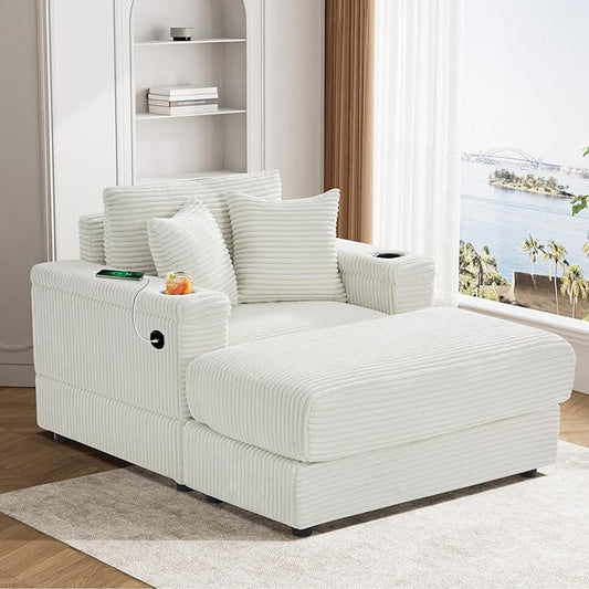 Oversized Chaise Lounge Chair Indoor with USB, Cup Holder & Ottoman, Firm Solid Wood Frame with Long Service Life Corduroy Oversized Lounge Reading Chair for Study Room - Beige White