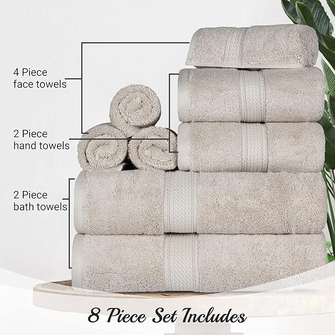 Superior Egyptian Cotton Pile 8 Piece Towel Set, Includes 2 Bath, 2 Hand, 4 Face Towels/Washcloths, Ultra Soft Luxury Towels, Thick Plush Essentials, Guest Bath, Spa, Hotel Bathroom, Stone