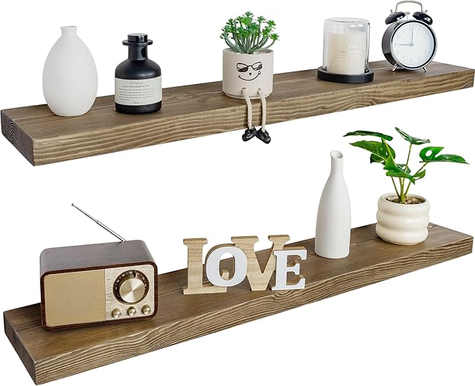 BGMG Wood Floating Shelves for Wall 60 inch Set of 2,Dark Walnut Floating Shelves,Solid Wood Wall Mount Shelves for Bathroom Living Room Bedroom Kitchen Farmhouse 60x 6.7 x1.75 inch