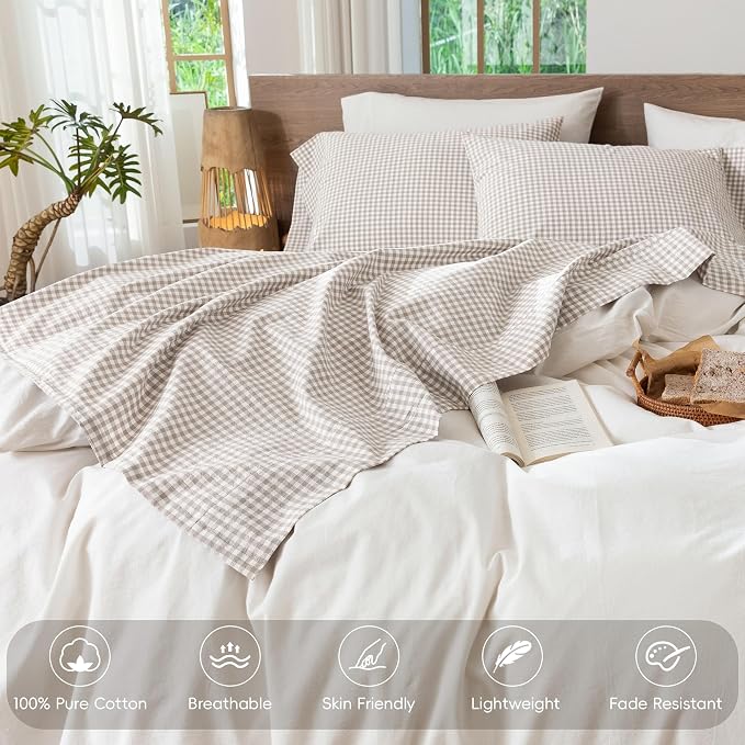 MooMee Gingham Sheet Set 100% Washed Cotton Linen Like Textured Breathable Soft w/Fully Elasticized 16-19" Deep Pocket (Mini Gingham Tannish Linen Grey, Queen)