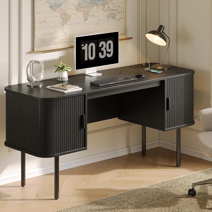 ONBRILL 63 Inch Fluted Computer Desk with Charging Station, Mid Century Executive Desk with 2 Storage Cabinets, Modern Home Office Large Desk with Metal Legs for Working, Studying, Writing, Black