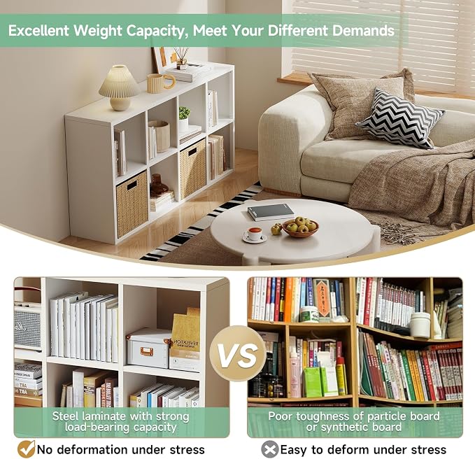 IRONMIX Metal 8 Cube Storage Organizer, White Short Bookshelf with Storage, Horizontal TV Stand, Modern Cube Storage Shelf Small Cube Bookshelf for Living Room, Office, Library, Study, Easy Assembly