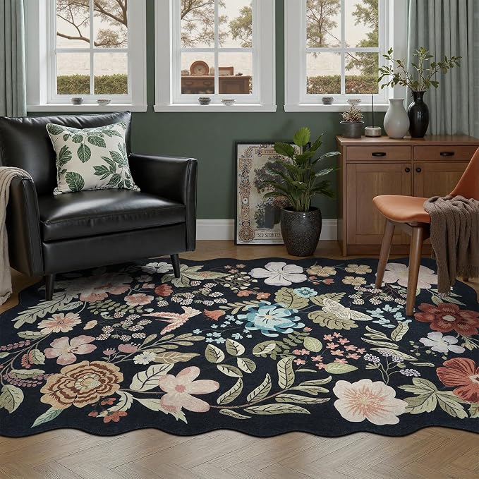 DCX Black Floral Rug 4x6, Washable Black Rug for Living Room, Kid & Pet Friendly with Rubber Back Non Slip, Soft Low Pile Carpet, Stain Resistant Rug for Bedroom, Nursery, Dining Room