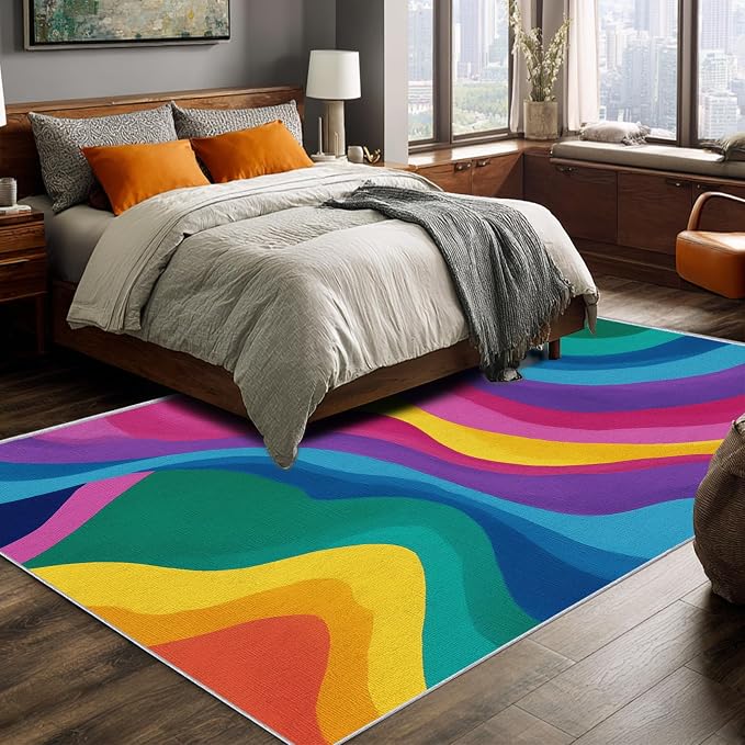 Rainbow Abstract Rugs 5x8, Colorful Retro 70s Washable 5 x 8 Area Rug for Living Room, Bedroom, Low Pile Non Slip Stain Resistant Carpet, Abstract Home Decor Accessories & M888