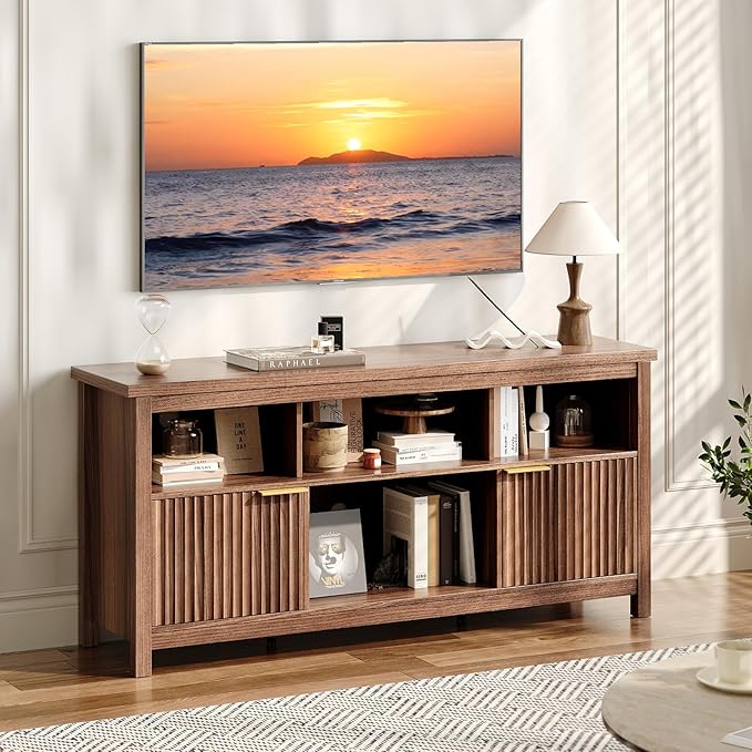 VINGLI 58" Fluted TV Stand for TVs up to 70", Modern TV Stand with Storage & Adjustable Shelves, Elegant Media Console Entertainment Center for Living Room & Bedroom, Walnut
