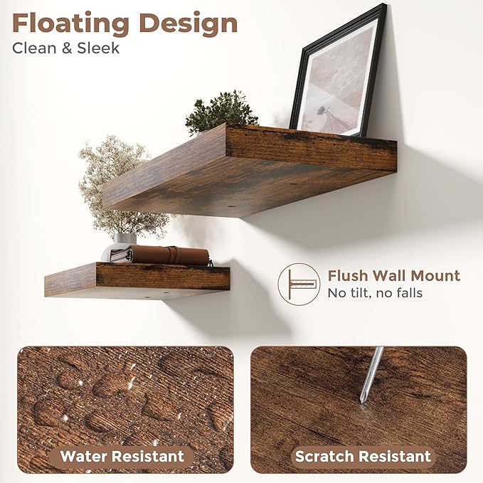 72 Inch Long Floating Shelves for Wall 2 Pack, 12"D Wood Grain Bathroom Shelves with Invisible Brackets, Easy Install Engineered Wood Storage Shelves for Kitchen, Living Room, Bedroom, Rustic Brown