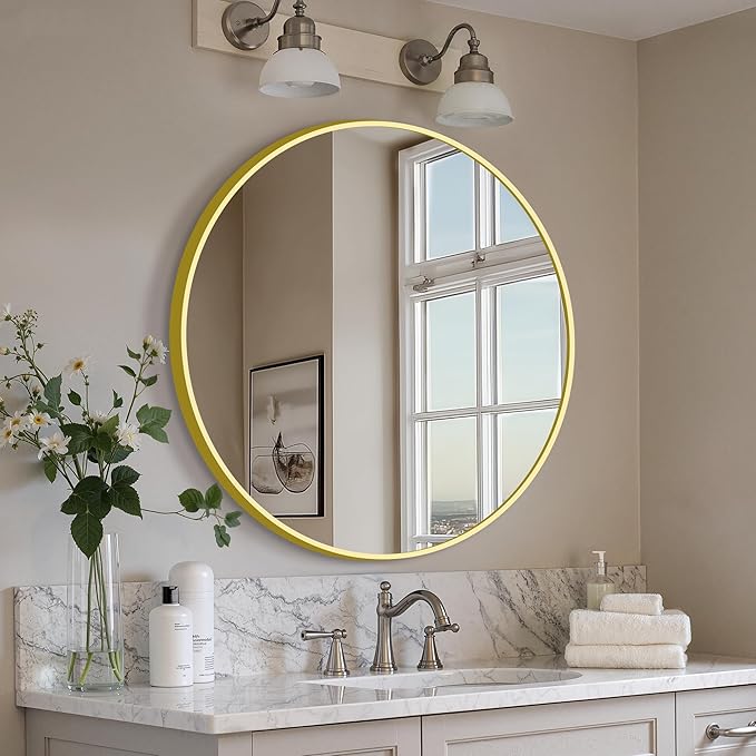Round Bathroom Mirror for Wall, 22 inch Circle Bathroom Mirrors for Over Sink, Modern Circular Metal Frame for Vanity, Entryway, Bedroom, Living Room(Gold)
