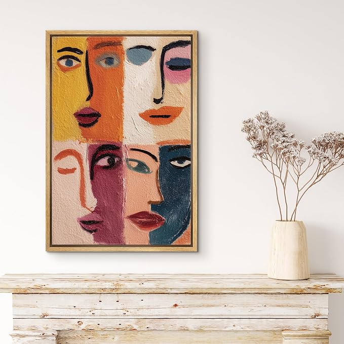 MUDECOR Framed Canvas Print Wall Art Abstract Color Block Faces Modern Portrait Illustrations Fine Art Mid-Century Modern Multicolor for Living Room, Bedroom, Office - 16"x24" NATURAL