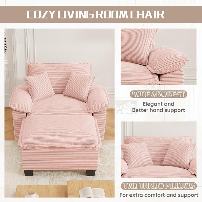 Chaise Lounge Chair Indoor, Oversized Accent Chairs with Ottoman, Luxury Corduroy Upholstered Deep Seat Sleeper Sofa Reading Chairs and A Half with Pillows for Living Room, Bedroom, Apartment, Pink