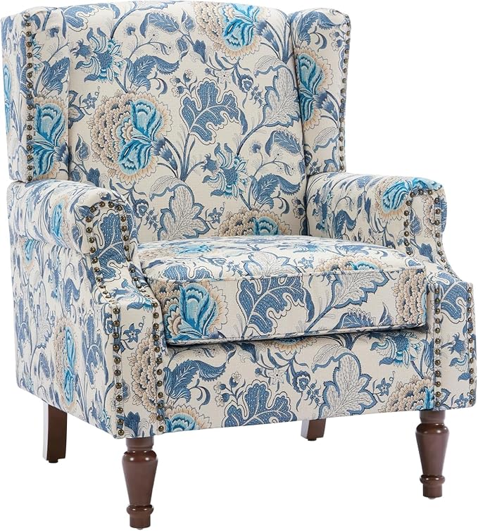High Back Floral Accent Chair, Fabric Upholstered Armchair Wingback Arm Chair for Living Room, Nailhead Trim Single Sofa Bedroom Side Reading Seat with Retro Solid Wood Legs - Boho Blue