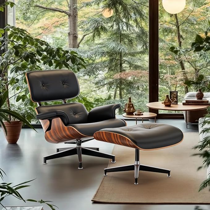 Top Black PU Leather, Mid Century Chaise Lounge Chair and Ottoman, Modern Chair Classic Design, Palisander Wood, Heavy Duty Base Support for Living Room Office