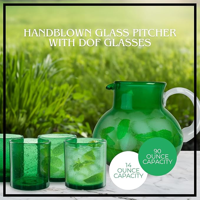 ARTLAND Iris 90oz Handcrafted Pitcher & 14oz Double Old Fashion Glasses (Set of 4) - Lead-Free Bubble Drinkware for Elegant Dining & Serving - Ideal for Water, Cocktails, Juice, Gatherings (Green)