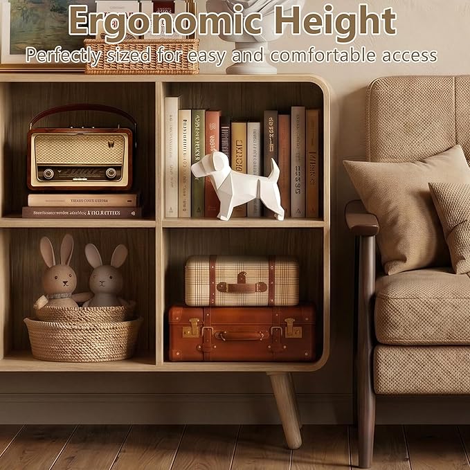 YOSHOOT 6 Cube Bookshelf - 35.4" Wood Cube Bookcase with Legs, Open Cubby Bookshelves with Curved Profile Design for Bedroom, Living Room,Home Office, Nature