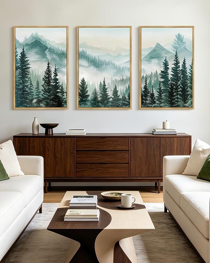 KUVIOKE Fog Pine Tree Mountain Landscape Framed Wall Art Watercolor Nature Misty Forest Painting Vintage Farmhouse Rustic Wall Decor for Bedroom Hallway 24x36in (Natural Framed)