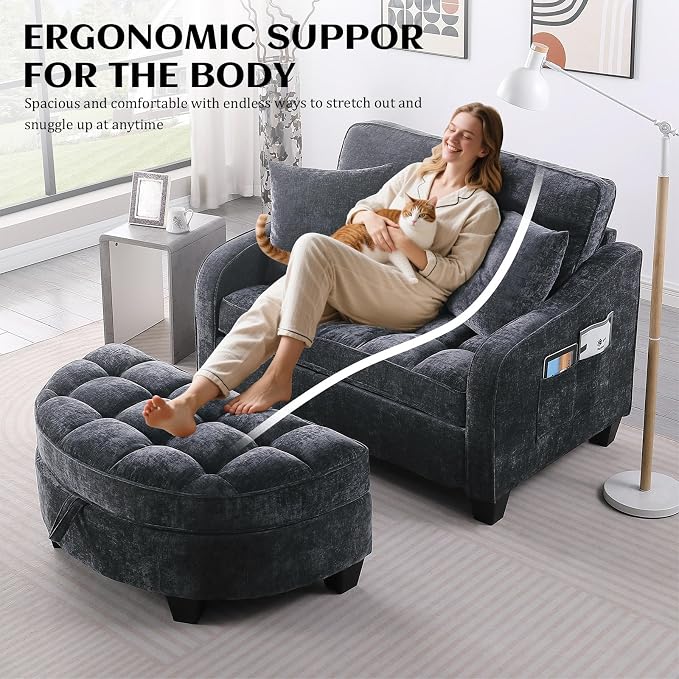 Oversized Curved Chaise Lounge Chair Indoor with Ottoman, 54.8" Cloud Boneless Reading Chair Soft Chenille Circle Couch w/Adjustable Backrest for Living Room, Apartroom, Bedroom, Black