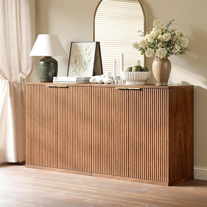 Evermagin 63" Walnut Buffet Cabinet with Storage, Large Sideboard Cabinet, Boho Fluted Accent Credenza for Dining Room, Kitchen, and Living Room
