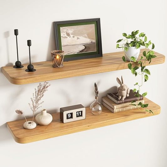Reclaimed Elm Wood Floating Shelves for Wall Round Edge, 39"W x 9.2"D x 1.37"H, Set of 2 with Invisible Bracket, Wall Mounted Shelves for Living Room Bedroom Kitchen Bathroom Decor, Natural Finish